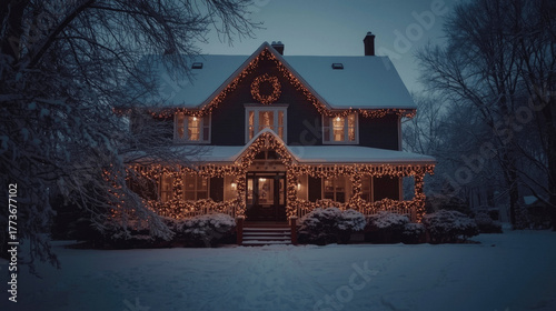 snow-covered Christmas house in the evening