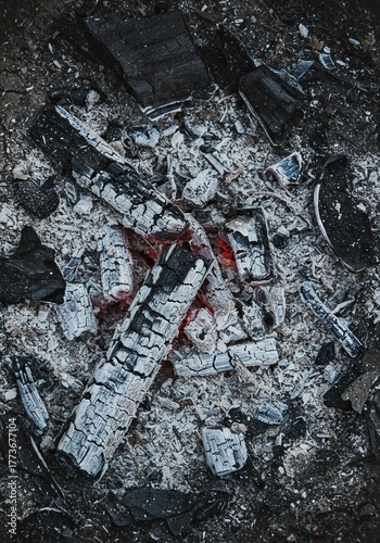 Close-up view of cooling gray and white ashes mixed with black charcoal and charred wood debris, symbolizing the end of an outdoor event ,cinder ,extinct ,charcoal