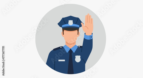 A police officer in uniform making a stop hand gesture. Vector illustration icon representing law enforcement, security, and authority, isolated graphic design element