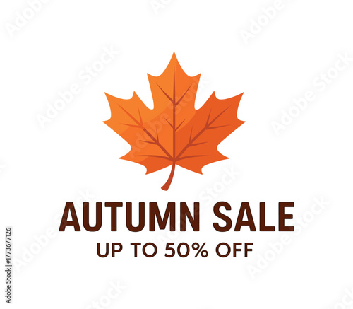 Flat vector banner design maple leaf and warm gradient text AUTUMN SALE subtext UP TO 50% OFF brown and orange hues isolated on white marketing approved bright palette with balanced