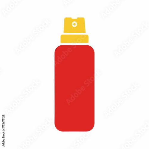 A simple flat icon of a red spray bottle with a yellow cap. Vector graphic symbol representing aerosol products like deodorant, body spray, or air freshener