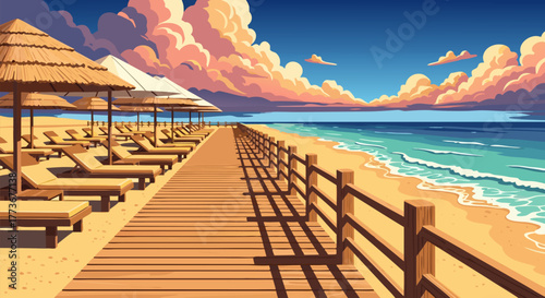 Idyllic summer beach scene with a wooden boardwalk, sun loungers, and dramatic sunset clouds over the ocean, a serene vacation illustration