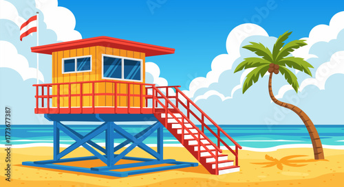 Tropical beach paradise with a lifeguard station, palm tree, and blue sea. Summer holiday and travel vacation vector graphic background design