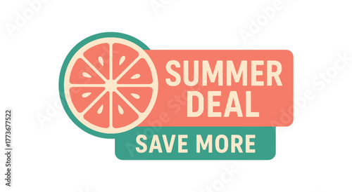 Flat vector banner design tropical fruit slice accent text SUMMER DEAL subtext SAVE MORE coral and green palette isolated on white marketing approved bright palette with balanced saturation