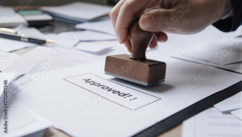 Hand stamping Approved on document, symbolizing validation and authorization.