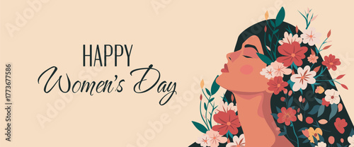 Happy Women's Day. Portrait of young woman with flowers in hair on gentle pastel beige background. Feminism concept, women empowerment, gender equality.  Spring autumn vector card