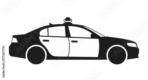 Simple black and white police car silhouette. Law enforcement patrol vehicle icon in a flat design style, isolated on a white background vector graphic (86)
