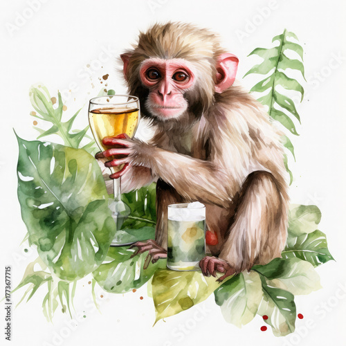 Watercolor Monkey Drink Wine, clipart Illustration, Generative Ai