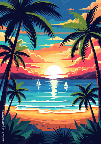 Stylized illustration of a beautiful tropical beach sunset with palm trees, a calm ocean, and sailboats on the horizon c