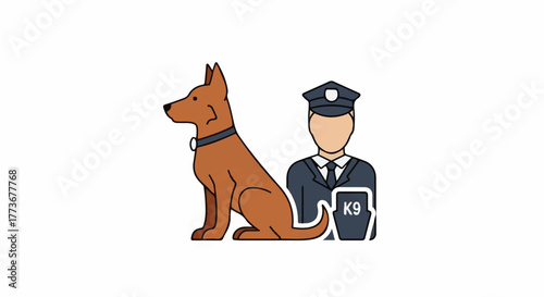 A professional police officer with a K9 unit partner dog. A vector line icon illustration representing law enforcement and security services