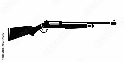 Pump action shotgun firearm silhouette icon. Black and white hunting or combat rifle weapon vector illustration for design concept (89).eps