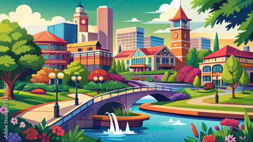 Very beautiful scenic view of Naperville, Illinois, USA, showcasing the riverwalk, lush parks, and vibrant urban landscapes, blending natural beauty with modern city architecture along the waterfront.