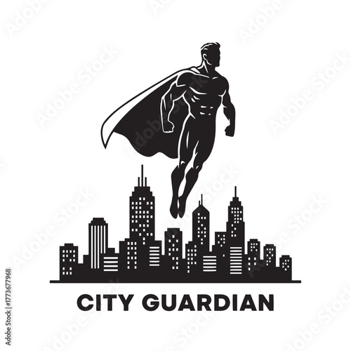 Silhouette of a superhero flying over city skyline, white background.