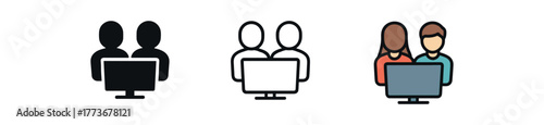 couple watching movie icon on white background Black silhouette flat icon outline icon and colored icon style. 1x3 grid. three minimal vector icon style. centered composition clear white