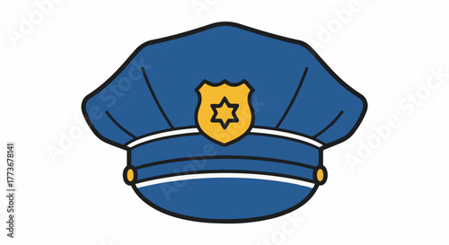 Vector graphic of a classic blue police cap, a symbol of authority, law, and order, featuring a golden sheriff badge (104)