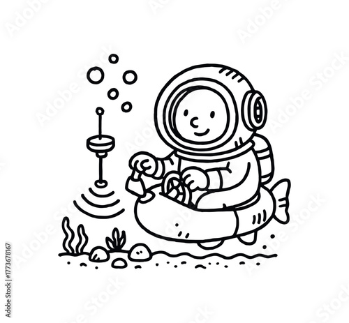 hand drawn cute doodle style seafloor mapper pilot vector line illustration line isolated on white background