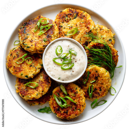Delicious crab cakes with creamy dipping sauce isolated on transparent background.