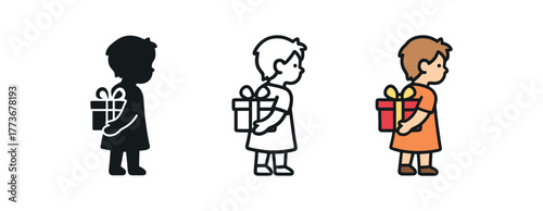 child hiding surprise gift icon on white background Black silhouette flat icon outline icon and colored icon style. 1x3 grid. three minimal vector icon style. centered composition clear