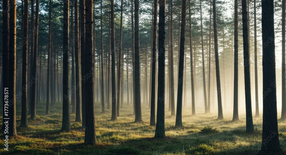 Fototapeta premium Serene forest scene with tall pines and light mist filtering through trees