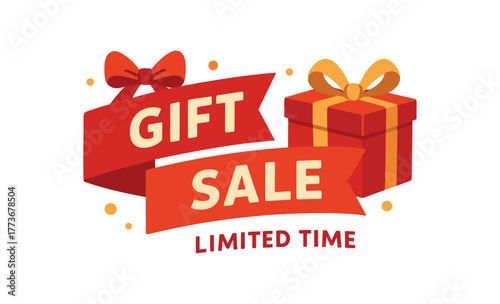 Flat vector banner design ribbon and gift box accents text GIFT SALE subtext LIMITED TIME red and gold palette isolated on white marketing approved bright palette with balanced saturation