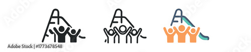 kids cheering at playground icon on white background Black silhouette flat icon outline icon and colored icon style. 1x3 grid. three minimal vector icon style. centered composition clear