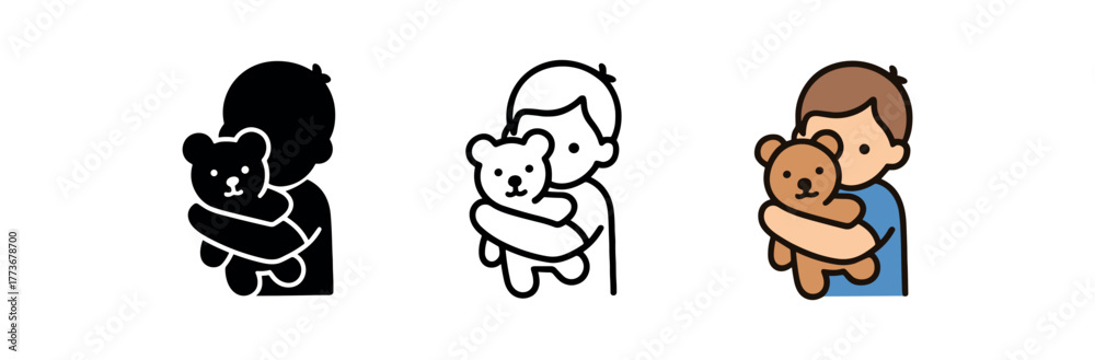 Fototapeta premium child hugging teddy bear icon on white background Black silhouette flat icon outline icon and colored icon style. 1x3 grid. three minimal vector icon style. centered composition clear white