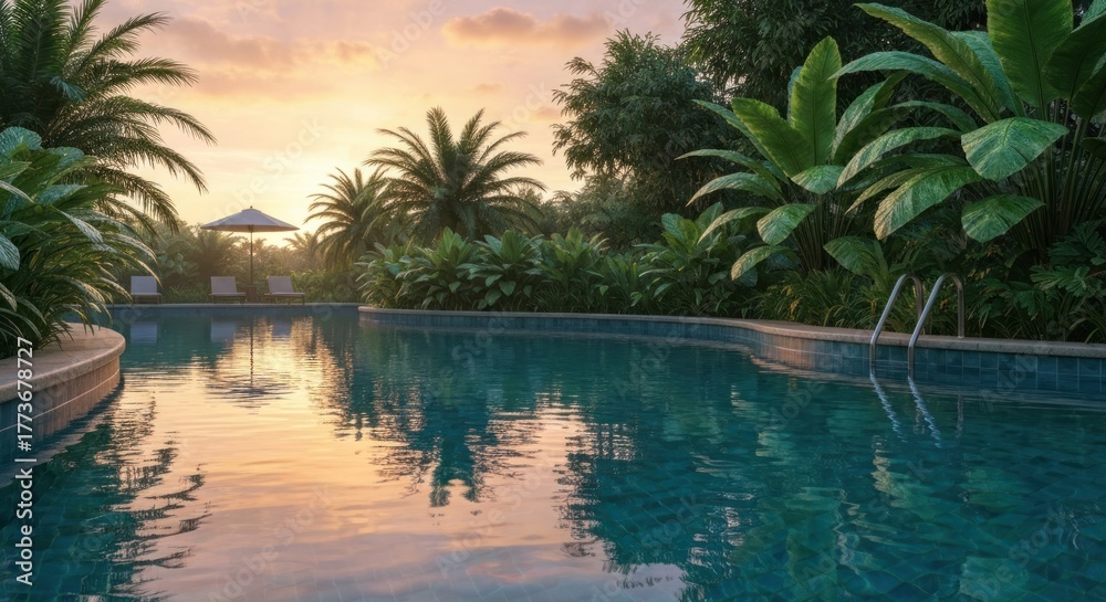 Obraz premium Serene pool reflects sunset, surrounded by lush tropical foliage