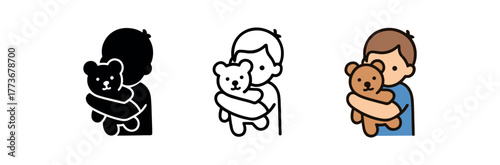 child hugging teddy bear icon on white background Black silhouette flat icon outline icon and colored icon style. 1x3 grid. three minimal vector icon style. centered composition clear white