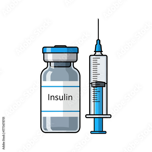 A vector illustration of an insulin vial and a hypodermic syringe, symbolizing medical treatment and diabetes management