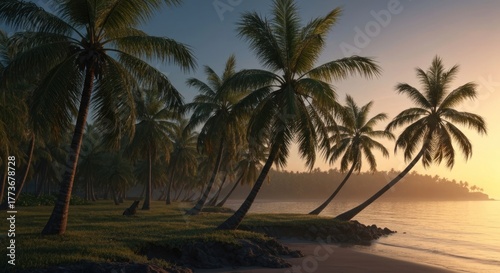 Fototapeta Naklejka Na Ścianę i Meble -  Serene tropical beach with palm trees silhouetted against a bright, hazy sunset