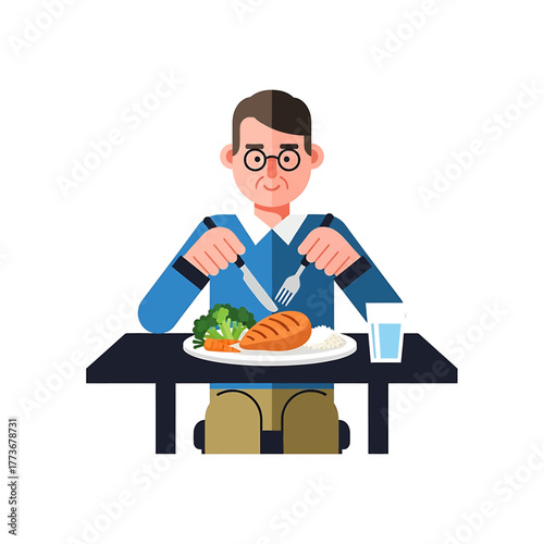 Vector illustration of a man with glasses sitting at a table and eating a healthy balanced meal with chicken, vegetables, and a glass of water
