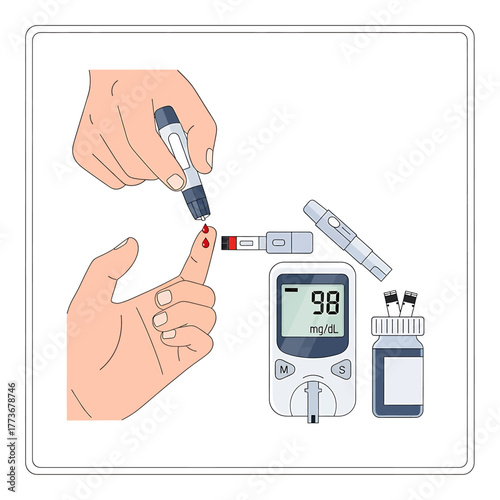 Illustration of a patient performing a routine blood sugar test using a portable glucometer kit for diabetes self-management
