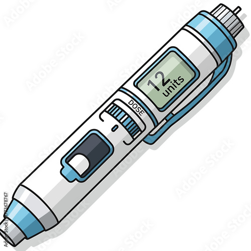 Precisely detailed graphic of a contemporary medication injection pen, showcasing its digital display for accurate dosage, essential for managing health conditions and patient care