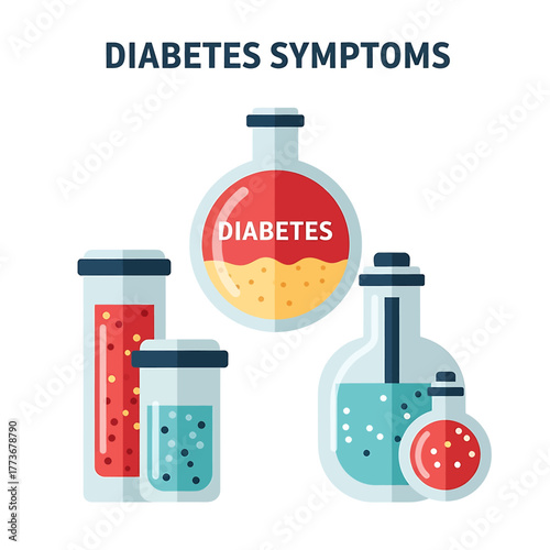 Conceptual vector illustration displaying laboratory flasks and test tubes with liquids, symbolizing medical testing and health markers for chronic metabolic conditions and wellness assessment