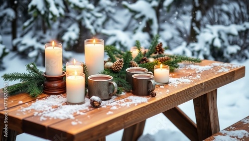 Enjoying hot chocolate by candlelight in snowy forest