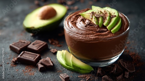 Fototapeta Naklejka Na Ścianę i Meble -  Delicious chocolate avocado mousse with fresh avocado slices and dark chocolate
