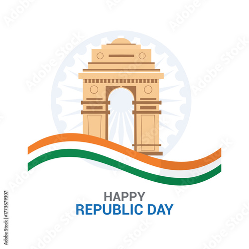 Happy republic day india with india gate and flag