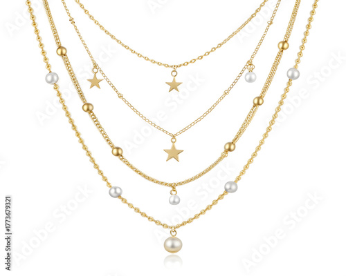 Wallpaper Mural Elegant Layered Gold Necklaces with Pearls and Charms on White Background, 3D Realistic Render Torontodigital.ca