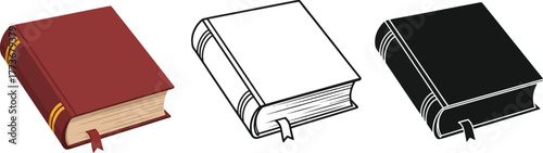 Three illustrations of closed books with different styles and colors