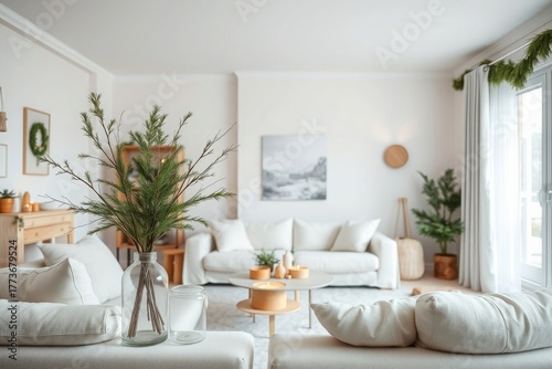 Elegant living room with cozy, modern Christmas decor