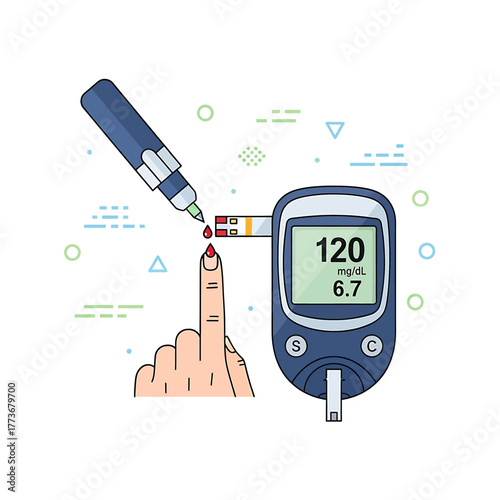 Blood glucose monitoring illustration for diabetes care, showing a lancing device, finger prick, and glucometer displaying vital blood sugar levels for effective health control