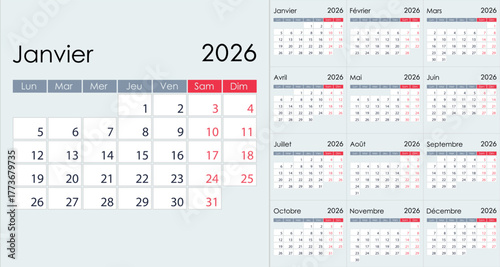 Clean Minimalist 2026 Yearly Calendar Grid Layout, on French language