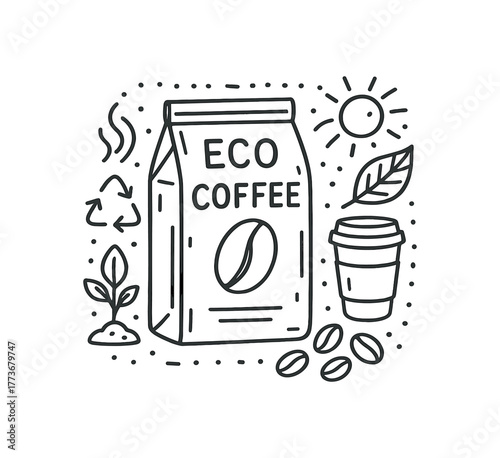 eco coffee packaging doodle line vector illustration isolated