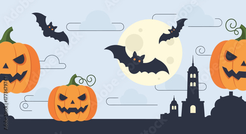 Evoke the spirit of Halloween with this spooky scene. Perfect for invitations, social media, or seasonal promotions. Pumpkins, bats, and a moonlit town create a festive vibe.