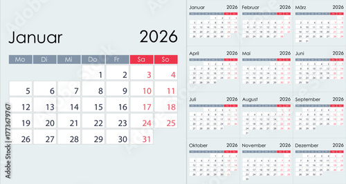 Clean Minimalist 2026 Yearly Calendar Grid Layout, on German language