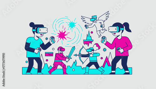 A group of friends experiences a multiplayer VR game as their avatars engage in an intense virtual battle amidst an otherworldly arena surrounded by neon lights and digital