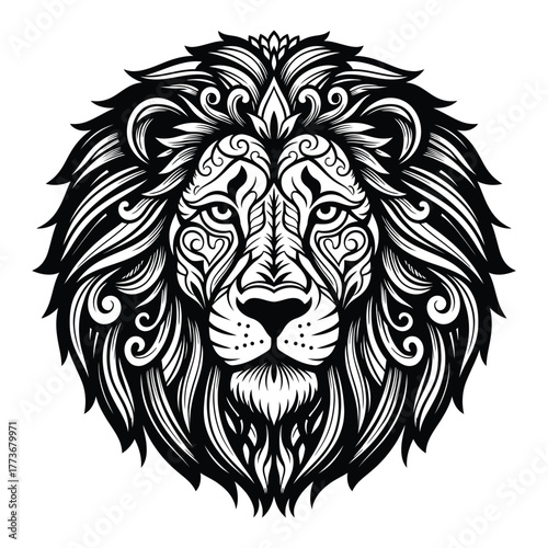 Intricate black and white illustration of a majestic lion s head with ornate swirling mane and tribal patterns symbolizing strength and royalty in a detailed artistic design