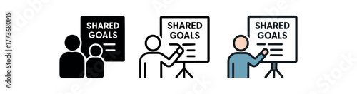 partners writing shared goals board icon on white background Black silhouette flat icon outline icon and colored icon style. 1x3 grid. three minimal vector icon style. centered composition