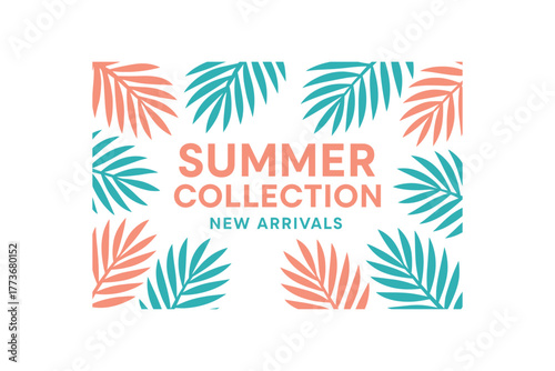 Flat vector banner design tropical palm background text SUMMER COLLECTION subtext NEW ARRIVALS coral and blue palette isolated on white marketing approved bright palette with balanced