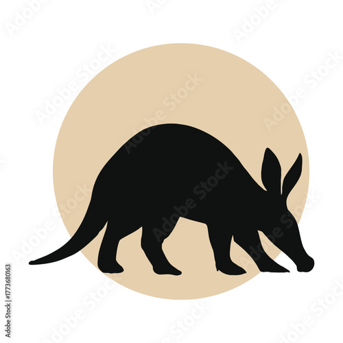 Silhouette of an aardvark walking in front of a large pale yellow circle representing the sun or moon isolated on a white background with a minimalist artistic style